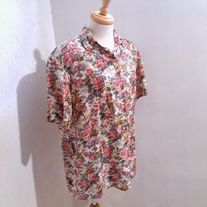 Dalia | Pink and Orange Floral Button Down Shirt with shoulder pads 100% silk